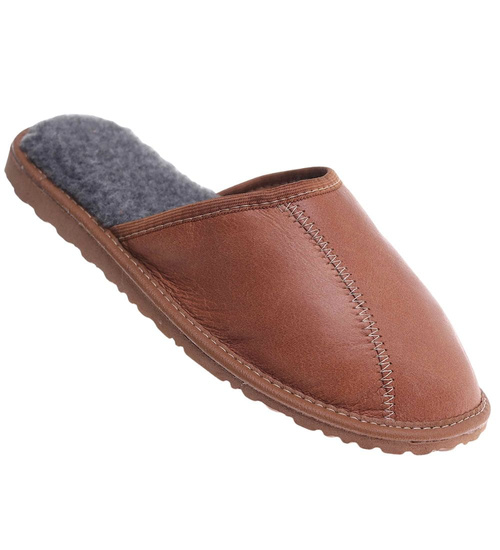 Skórzane kapcie męskie z wełną Brązowe /G8-1 18468 S197/