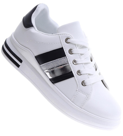 Białe sznurowane damskie trampki z pasami /F2-3 15166 T309/