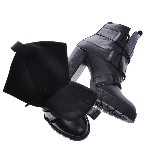 Czarne botki na obcasie ze skóry naturalnej /F5-2 12803 N0206/