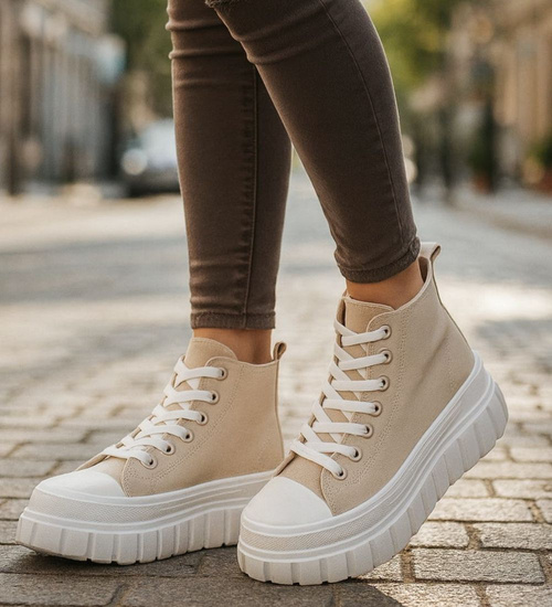 Beżowe trampki damskie na platformie /C7-2 9144 S495/