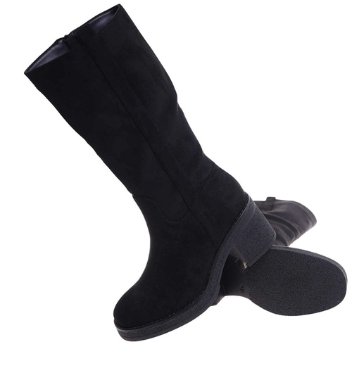 Czarne ocieplane kozaki damskie na obcasie i platformie /B5-1 18434 T6/