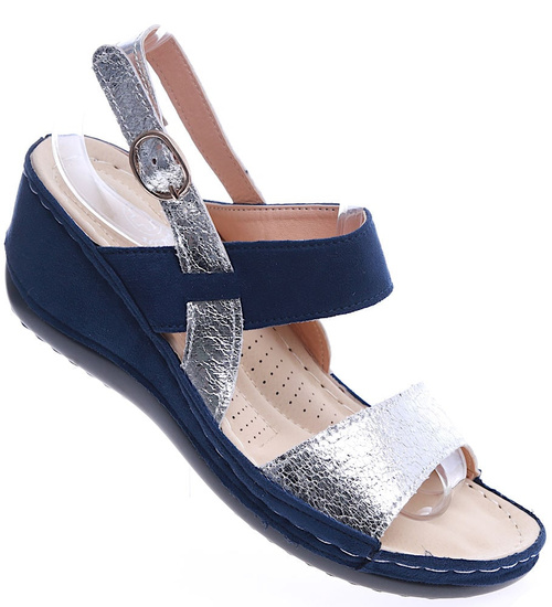 Grantowo srebrne sandały na koturnie /E4-3 13916 T284/