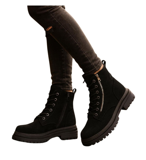 Czarne sznurowane botki trapery zamszowe /G8-3 18503 T444/