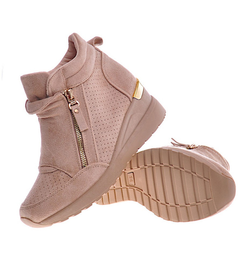 Beżowe sneakersy damskie na koturnie /E3-3 12827 T890/