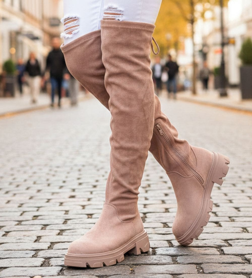 Wysokie zamszowe kozaki z łańcuchem Khaki /A5-1 12724 T707/