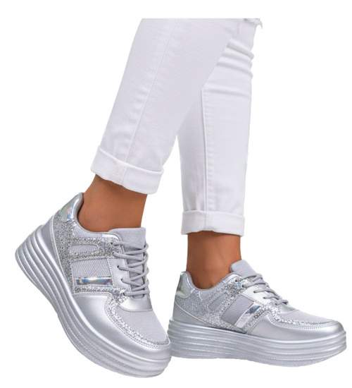 Sportowe damskie buty na platformie srebrne /G1-2 12514 T231/