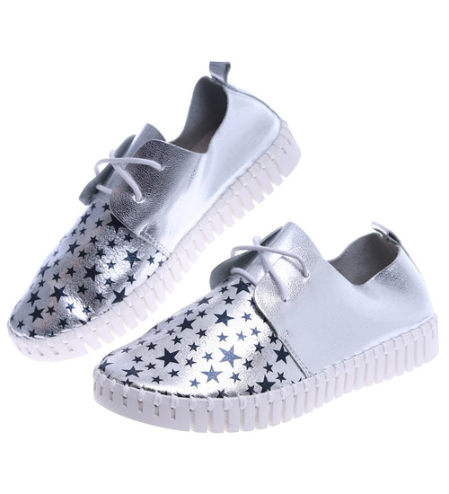 Sznurowane dziewczęce trampki z gwiazdkami Srebrne /G1-3 13808 T142/