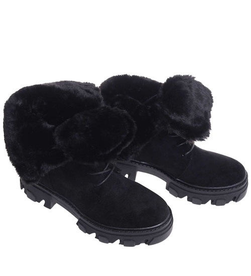 Zimowe botki trapery z wywijaną cholewką Czarne /G3-3 18529 T288/