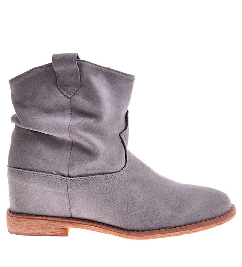 Zamszowe botki damskie na niskim koturnie Szare /D6-3 12260 T296/