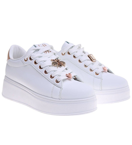 Białe sznurowane damskie trampki na platformie /B5-3 16211  T535/