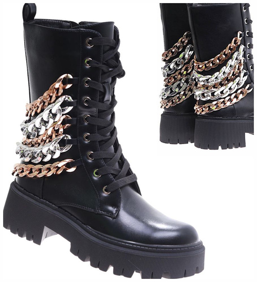 Sznurowane czarne glany trapery na platformie /E9-1 17022 T217/