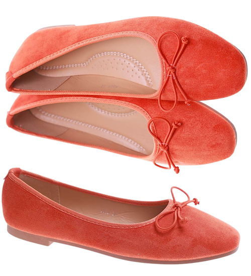 Zamszowe pomarańczowe baleriny damskie z kokardą /B6-2 17543 G133/