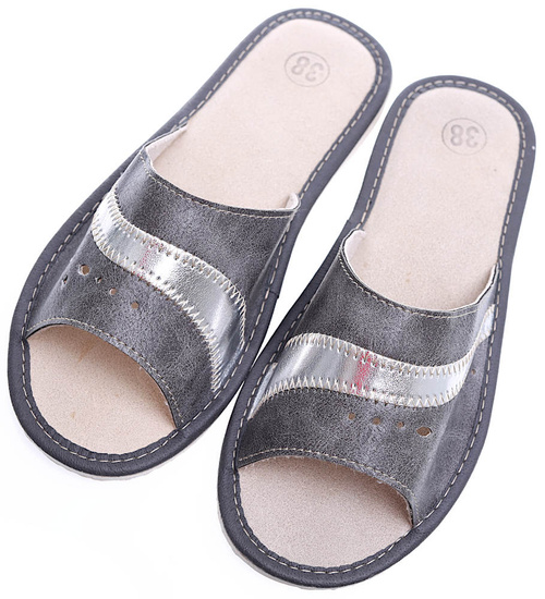 Skórzane domowe klapki z Podhala Szare /F5-1 4827 S174/