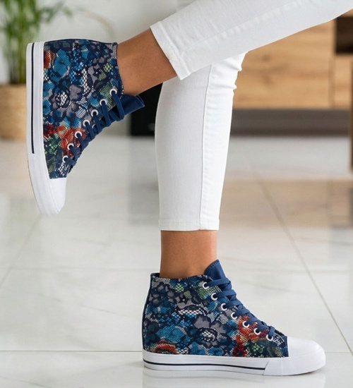 Wysokie sznurowane trampki na niskim koturnie Flower Blue /F1-2 8087 S190/