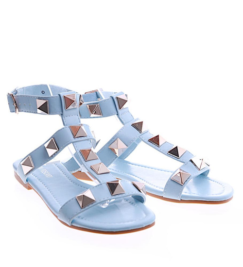 Niebieskie płaskie sandały damskie z piramidkami /F3-3 13495 T191/