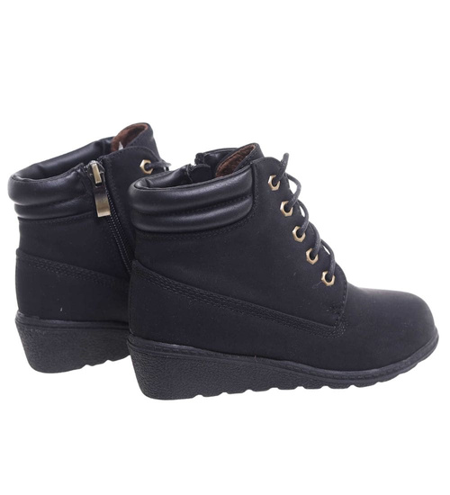 Czarne sznurowane botki na niskim koturnie /C5-2+H2 16626 T7-38/