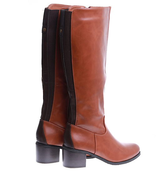 Karmelowe kozaki damskie na obcasie klocku /G6-1 15421 T430/