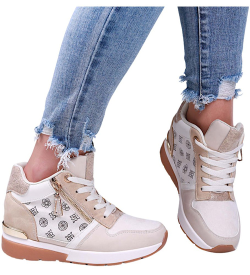 Beżowe damskie sneakersy na koturnie /G6-1 15911 D383/