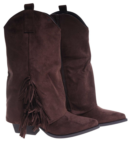 Krótkie czekoladowe kozaki boho na obcasie /B7-1 18580 G688/