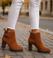 Botki damskie na obcasie Karmelowe /G3-3 18265 W327/