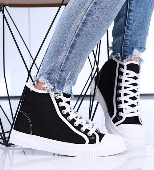 Czarne wysokie sznurowane trampki damskie /E6-1 15688 T134/