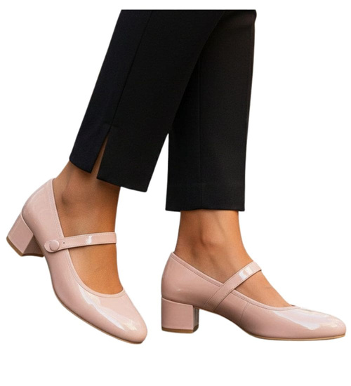 Ciemno beżowe czółenka z paskiem na niskim obcasie /E8-2 17730 W182/