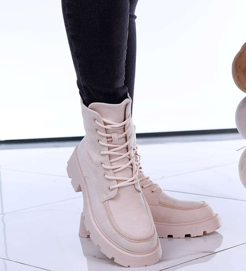 Wiązane damskie beżowe botki trapery /E4-3 15182 T428/