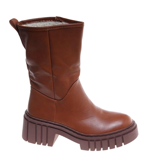 Wysokie karmelowe botki damskie z ociepleniem /E2-1 18229 T313/