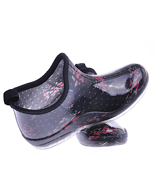 Damskie kalosze z krótką cholewką w kwiaty czarne /C6-1 12488 T495/