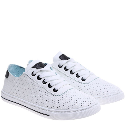 Ażurowe sznurowane biało czarne tenisówki damskie /E2-2 16241 G282/