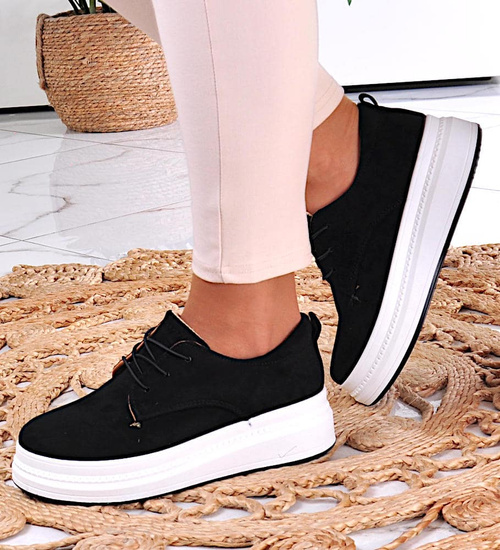 Sznurowane buty sportowe damskie na platformie Czarne /F9-2 10949 T381/