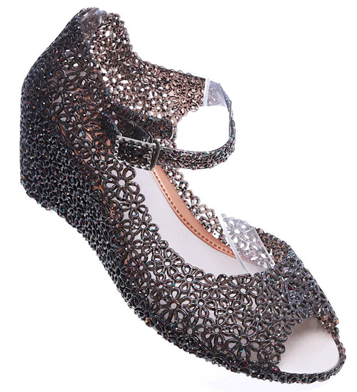 Plażowe sandały na koturnie Czarne /H2 14567 T890/