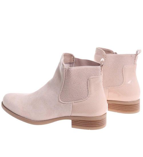 Beżowe botki damskie na płaskim obcasie wsuwane /L3-2 18507 W232/