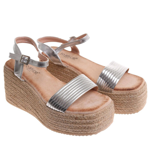 Sandały damskie na koturnie i platformie Srebrne espadryle /A9-1 17868 G187/