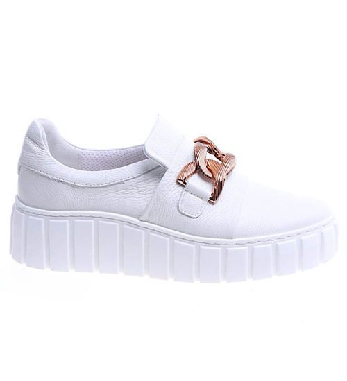 Skórzane półbuty damskie białe na platformie /D7-3 13606 N196/