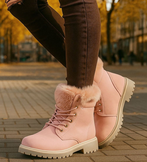 Zimowe botki trapery z futerkiem Różowe /F7-2 18430 T243/
