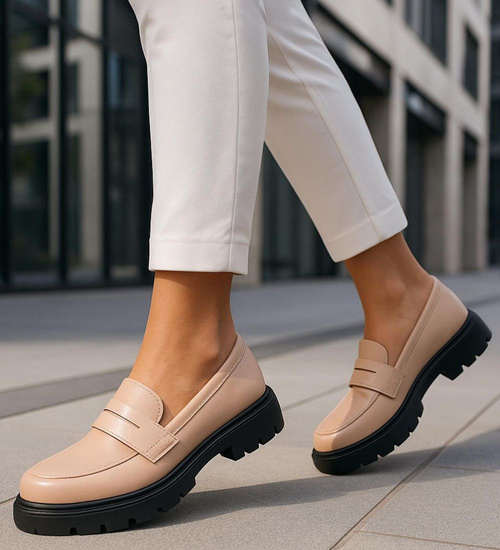 Beżowe półbuty loafersy damskie na platformie /H2 18628 W147/