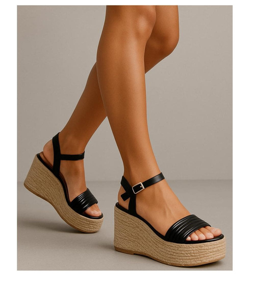 Sandały damskie na koturnie i platformie Czarne espadryle /G9-3 17904 G187/