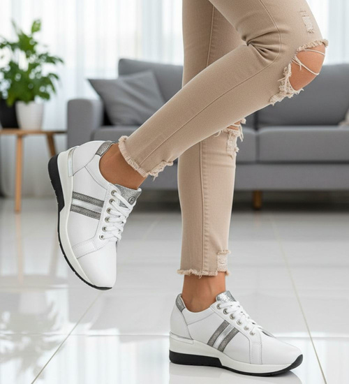Sznurowane skórzane trampki damskie Białe /E7-3 9778 S154/