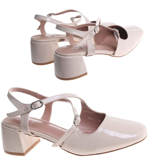 Beżowe czółenka z paskiem na niskim obcasie /B5-2 17814 T282/