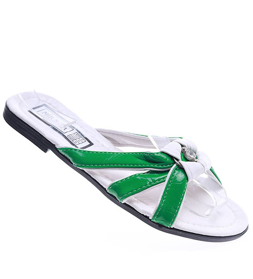 Klapki damskie na płaskim obcasie biało zielone /H2 14343 T005/