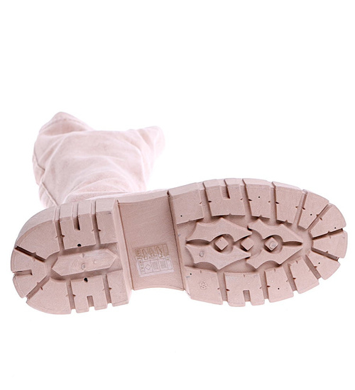 Beżowe kozaki damskie na platformie /E9-2 15217 T592/