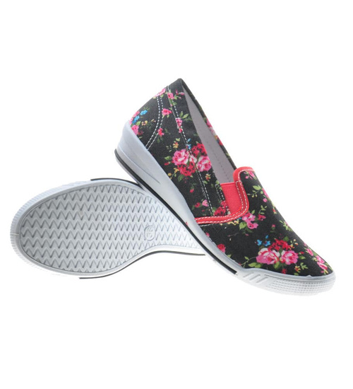 Dziewczęce niskie trampki w kwiatki czarne /B1-3 7634 S098/