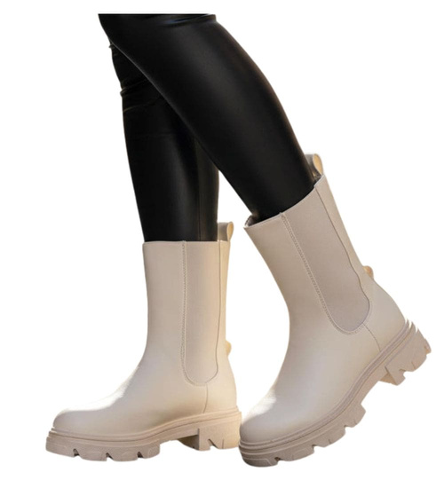 Beżowe botki sztyblety z łańcuchem /A3-3 12254 S798/