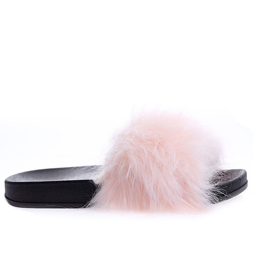 Różowo czarne klapki damskie z futerkiem /F9-2 15193 T199/