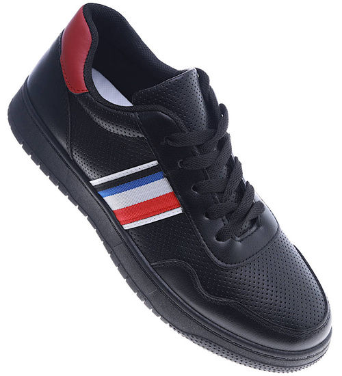 Sznurowane męskie czarne trampki /E2-2 14012 T497/