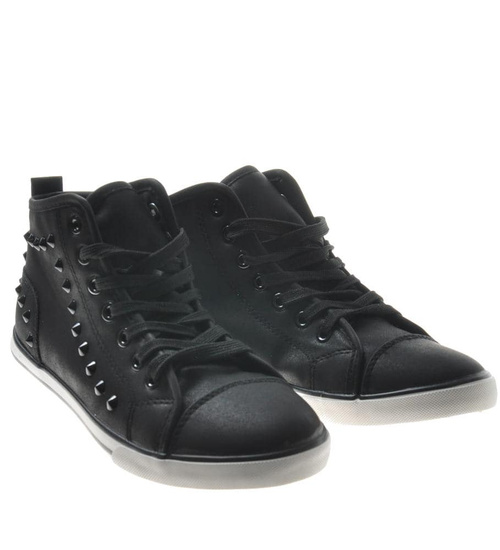 Wysokie modne trampki damskie czarne z dżetami /C7-3 7478 S098/