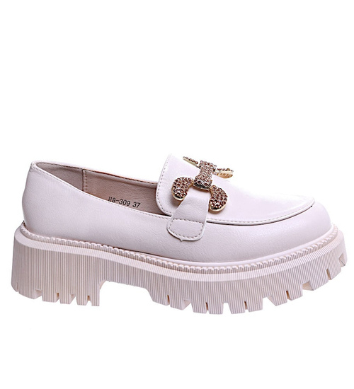 Beżowe wiosenne loafersy damskie półbuty na platformie /E8-1 15486 T336/