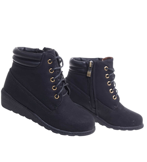 Czarne sznurowane botki na niskim koturnie /C5-2+H2 16626 T7-38/