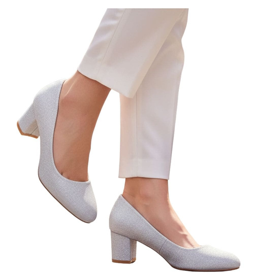 Wizytowe srebrne czółenka na klocku /G11-2 18632 T357/